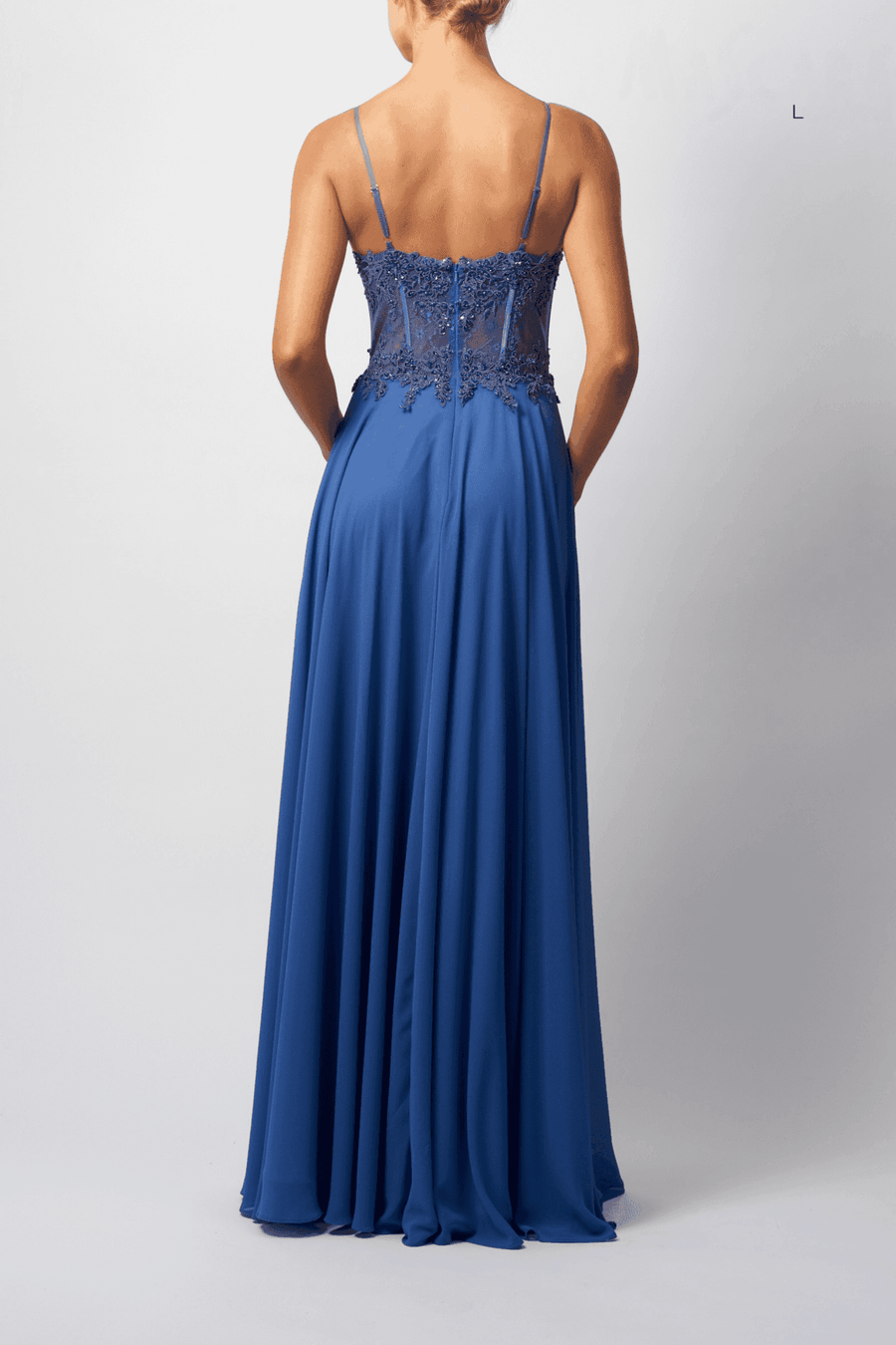 Back view of Mascara London MC123111 Chambray Embellished Chiffon Gown with lace bodice and flowing long skirt, ideal for bridesmaids or prom.