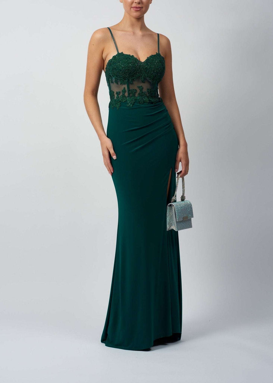 Mascara MC123210 Forest Jersey Corset Prom Dress with lace corset bodice, thigh-high slit, and fitted silhouette, perfect for formal events.