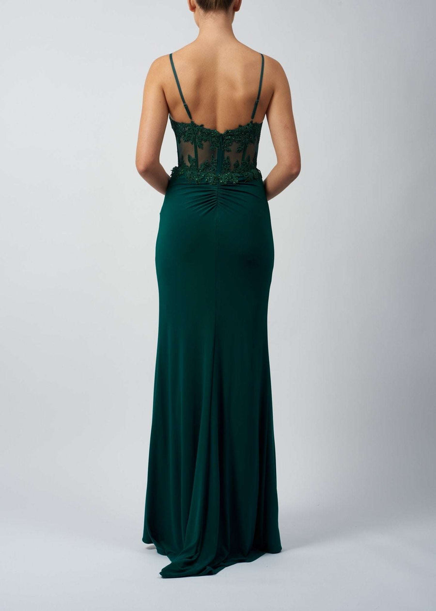 Back view of Mascara MC123210 Forest Jersey Corset Prom Dress showcasing sheer lace corset detail and ruched lower back in elegant jersey fabric.