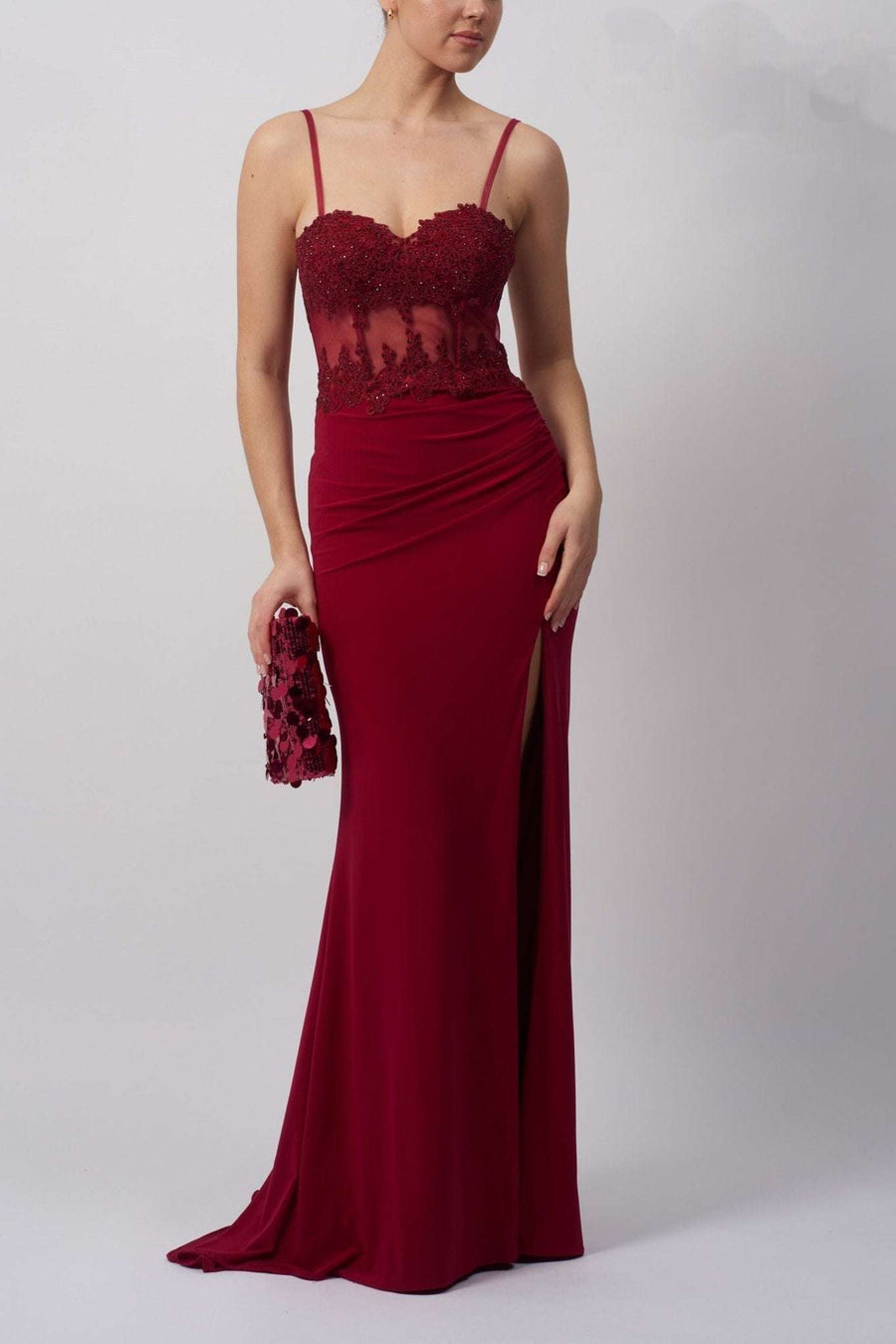 Berry slim corset dress Mascara MC123210 with sheer bodice, lace detailing, straps, and thigh-high slit, ideal for prom or red carpet events.