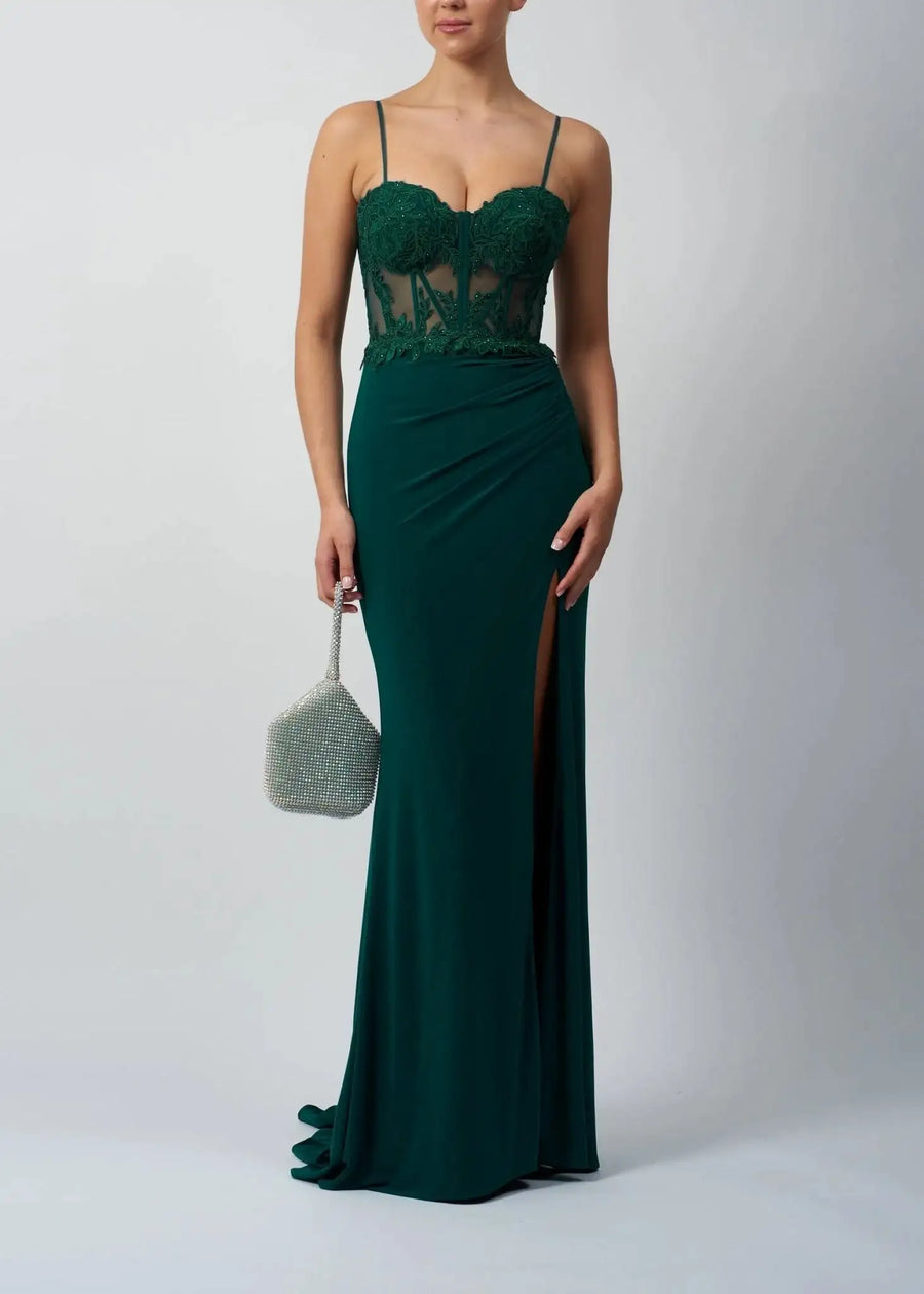Mascara mc123211 Forest Green Embroidered Corset Dress with lace bodice, thigh-high slit, and slim fit, ideal for prom or red carpet events.