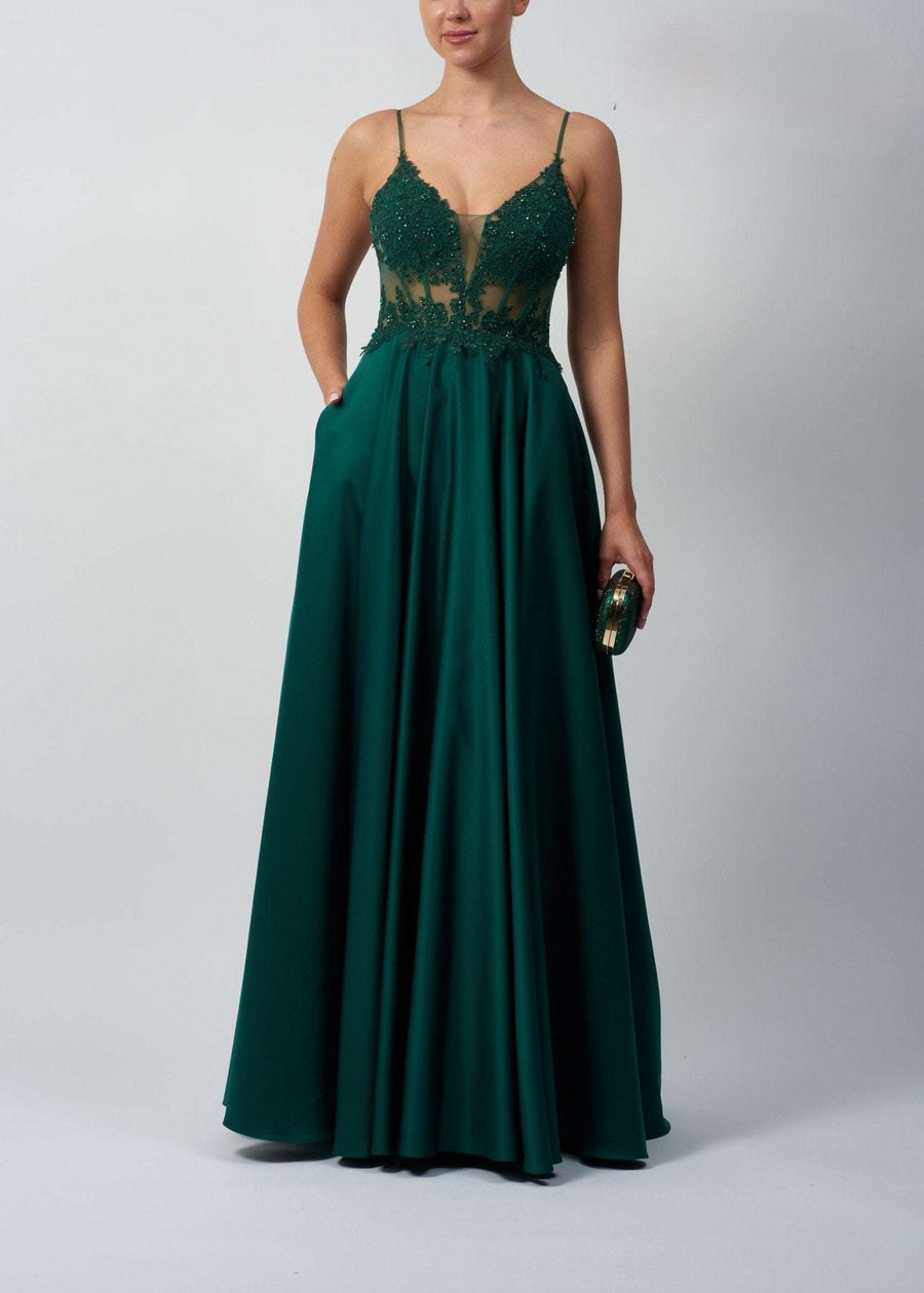 Mascara MC123216 Forest Green Satin Ballgown with Corset Detail featuring a sheer embellished bodice and flowing satin skirt. Ideal for prom or gala events.