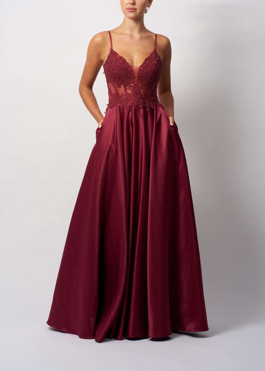 Mascara MC123216 Wine Satin Ballgown with Corset Detail featuring lace bodice, spaghetti straps, and flowing satin skirt for formal events.