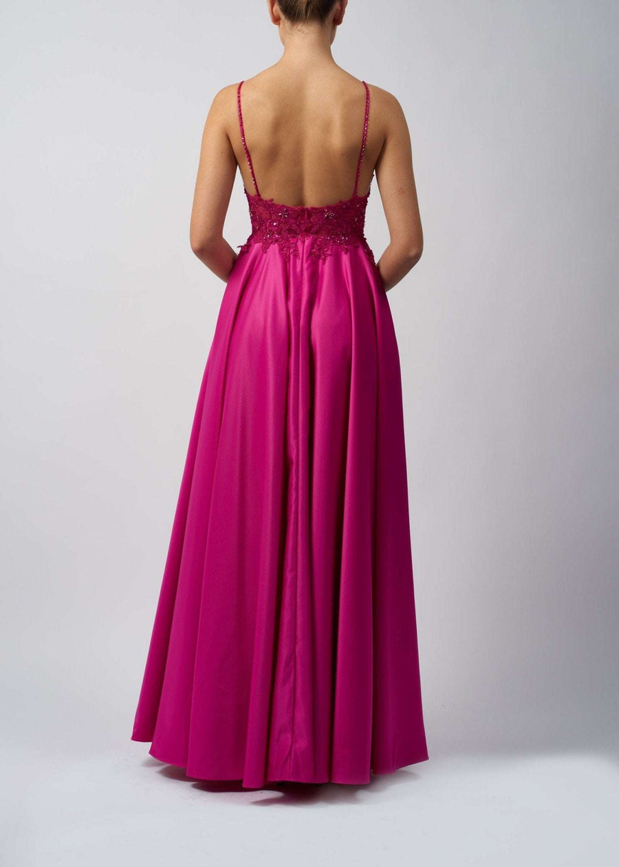 Back view of Satin Prom Dress - Mascara MC123218 featuring sleek satin fabric, lace bodice, and hidden pockets for a modern prom look.