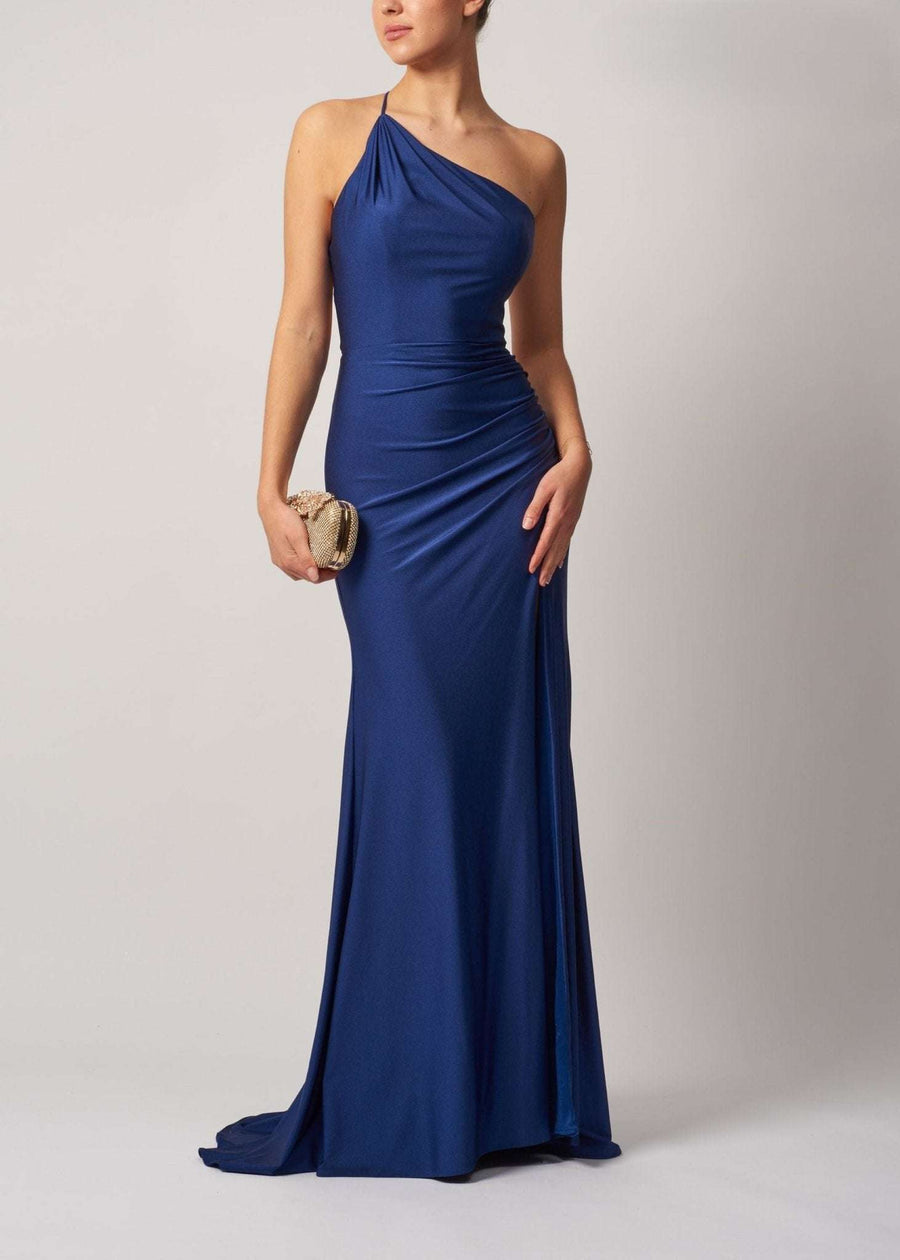 Navy Tie Back Dress MC12333 with one-shoulder neckline and ruched waist, ideal for formal events and standout style moments.