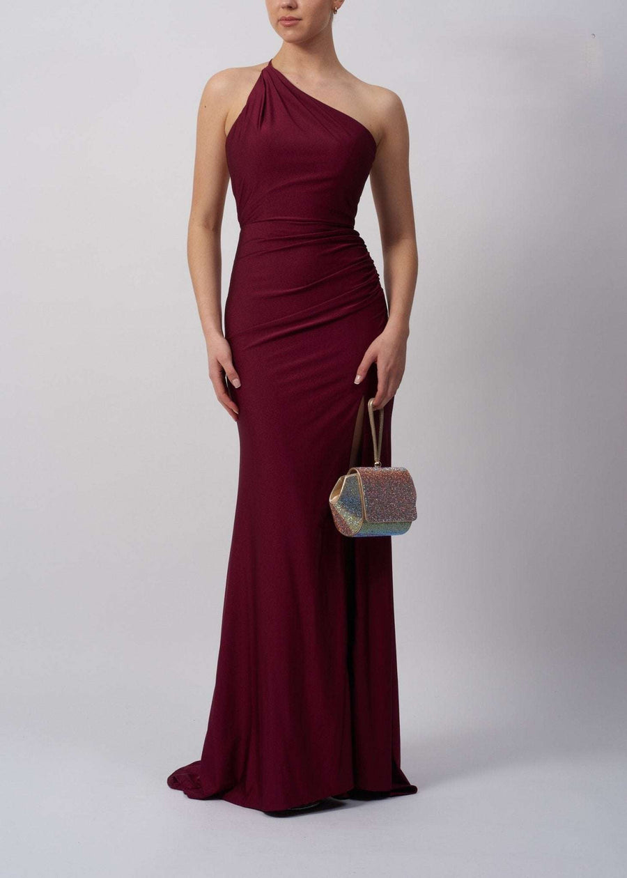 Burgundy version of Navy Tie Back Dress MC12333 with one-shoulder design and sleek silhouette, perfect for prom or black-tie occasions.