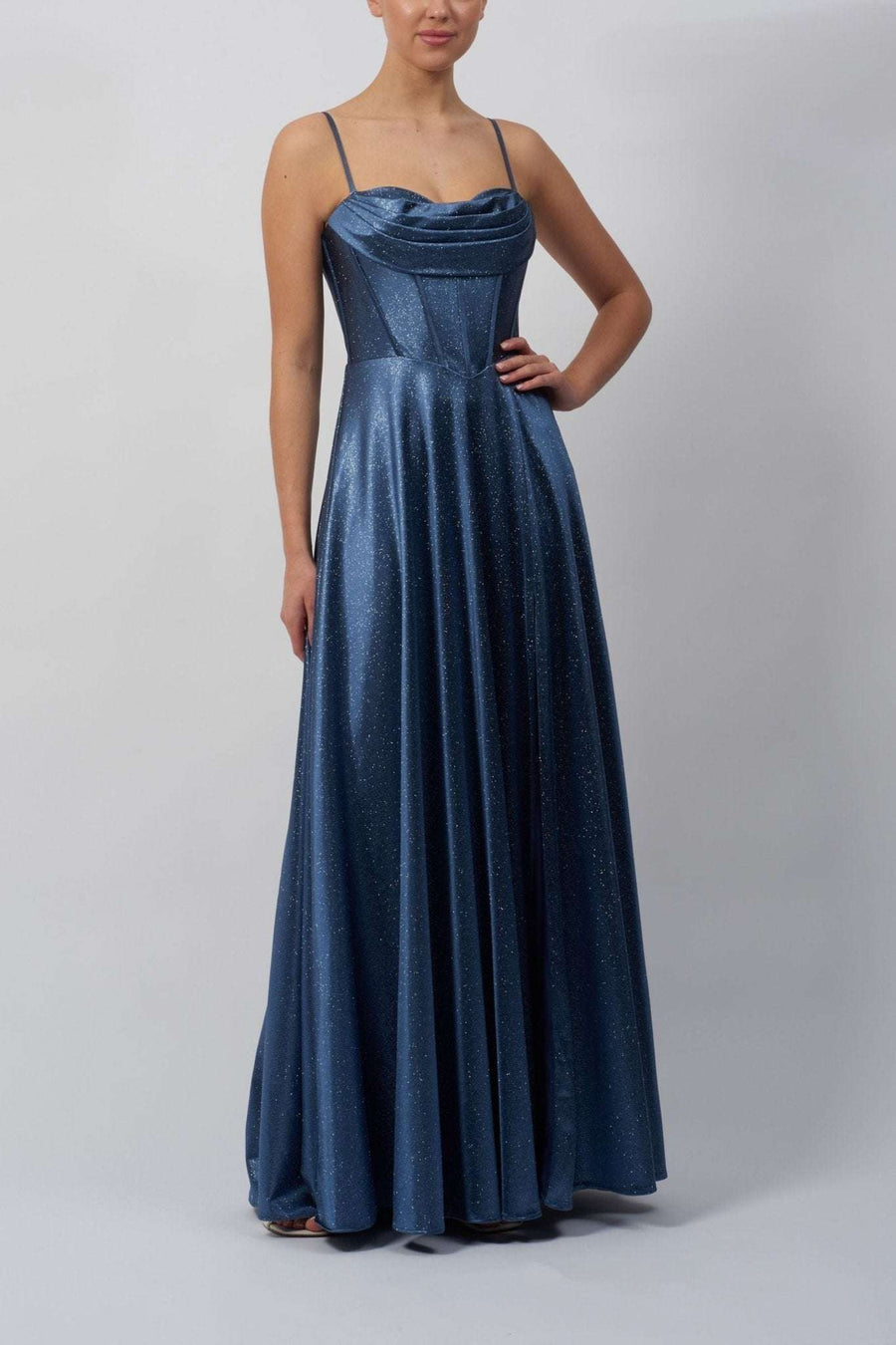 Mascara London Storm Blue MC12338 Boned Drape Satin Ballgown with glitter finish, featuring a corset bodice and cowl neckline, front view.