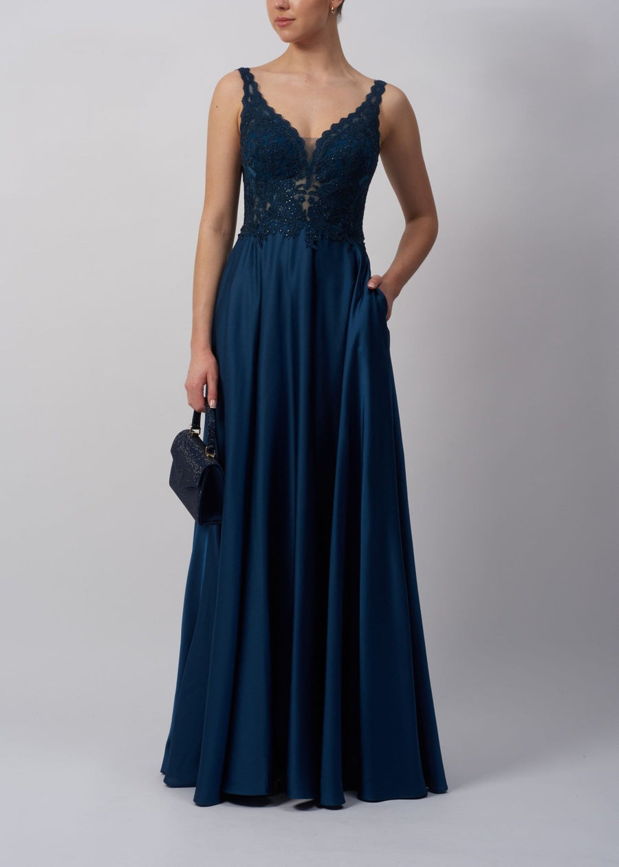 Mascara Prom Dress - Satin Airforce Blue | V-neck Embellished Mascara Prom Dress - Satin Airforce Blue | V-neck Embellished