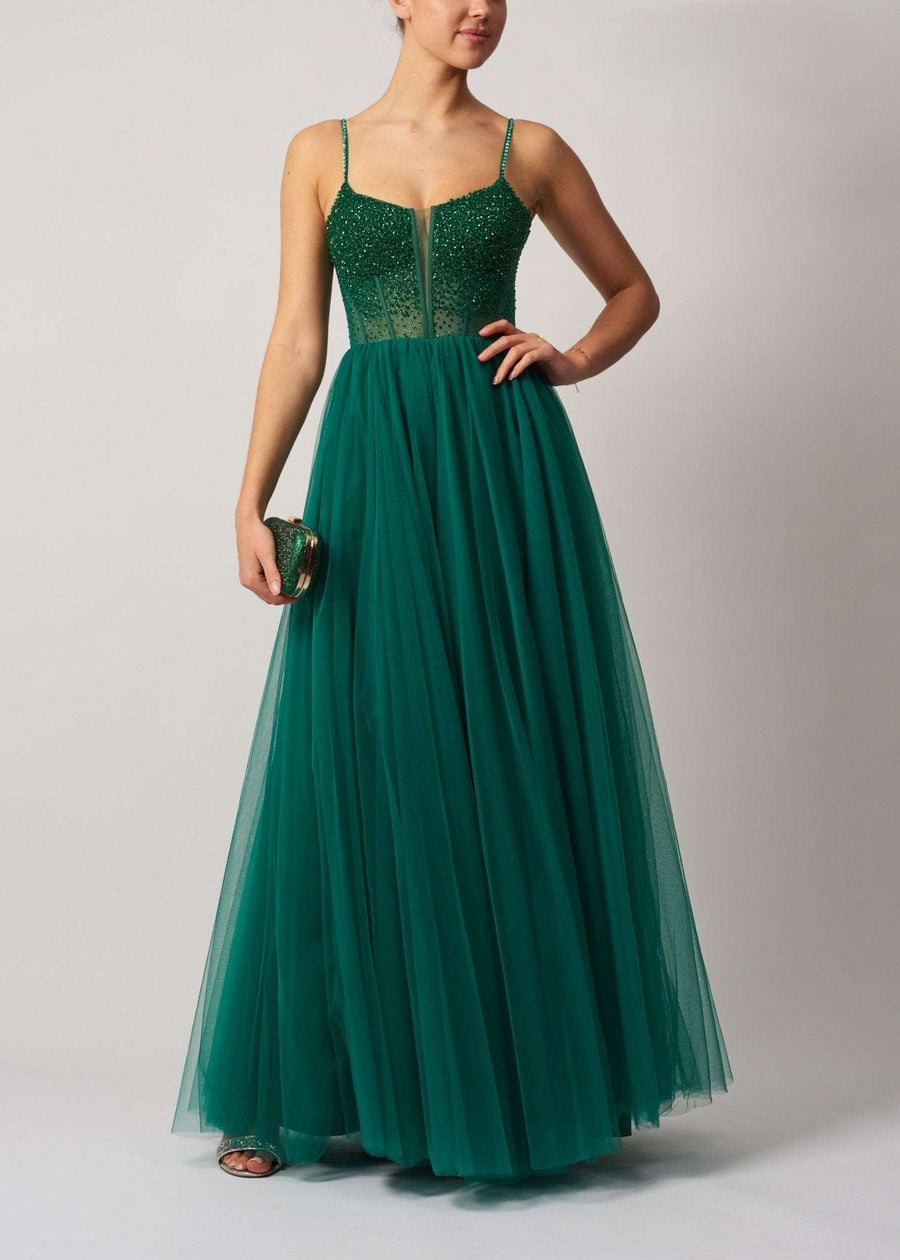 Mascara London MC124114 Forest Green Beaded Tulle Prom Dress with glittery bodice and flowing tulle skirt, ideal for formal events and prom nights.