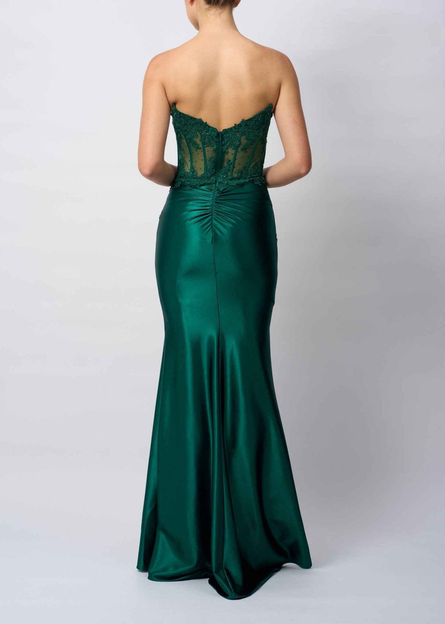 Berry Red Strapless Corset Gown - Mascara MC12422 featuring a lace-embellished corset bodice and fitted satin skirt, shown from the back in green.