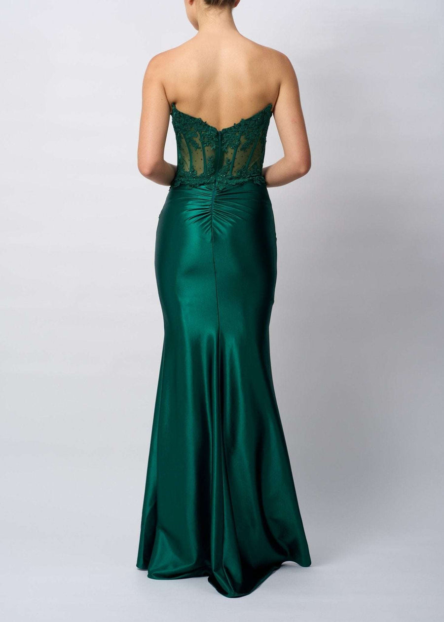Back view of Mascara Strapless Corset Gown in forest green with lace boned bodice and ruched satin fitted skirt, ideal for prom or red carpet.