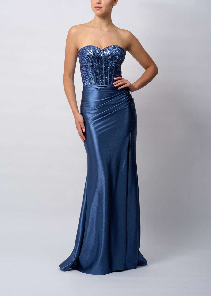 Mascara MC12428 Airforce Beaded Corset Fitted Gown with strapless sequin bodice and satin skirt, ideal for prom or red carpet events.