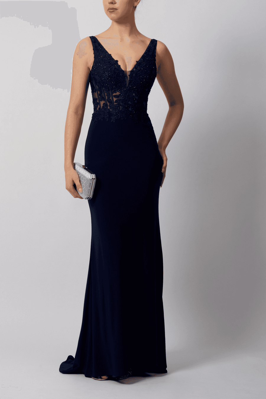 Navy Jersey Gown - Mascara London MC12433 features a corset-style bodice with sequin embellishments and a deep V-neckline. Elegant choice for prom or gala.