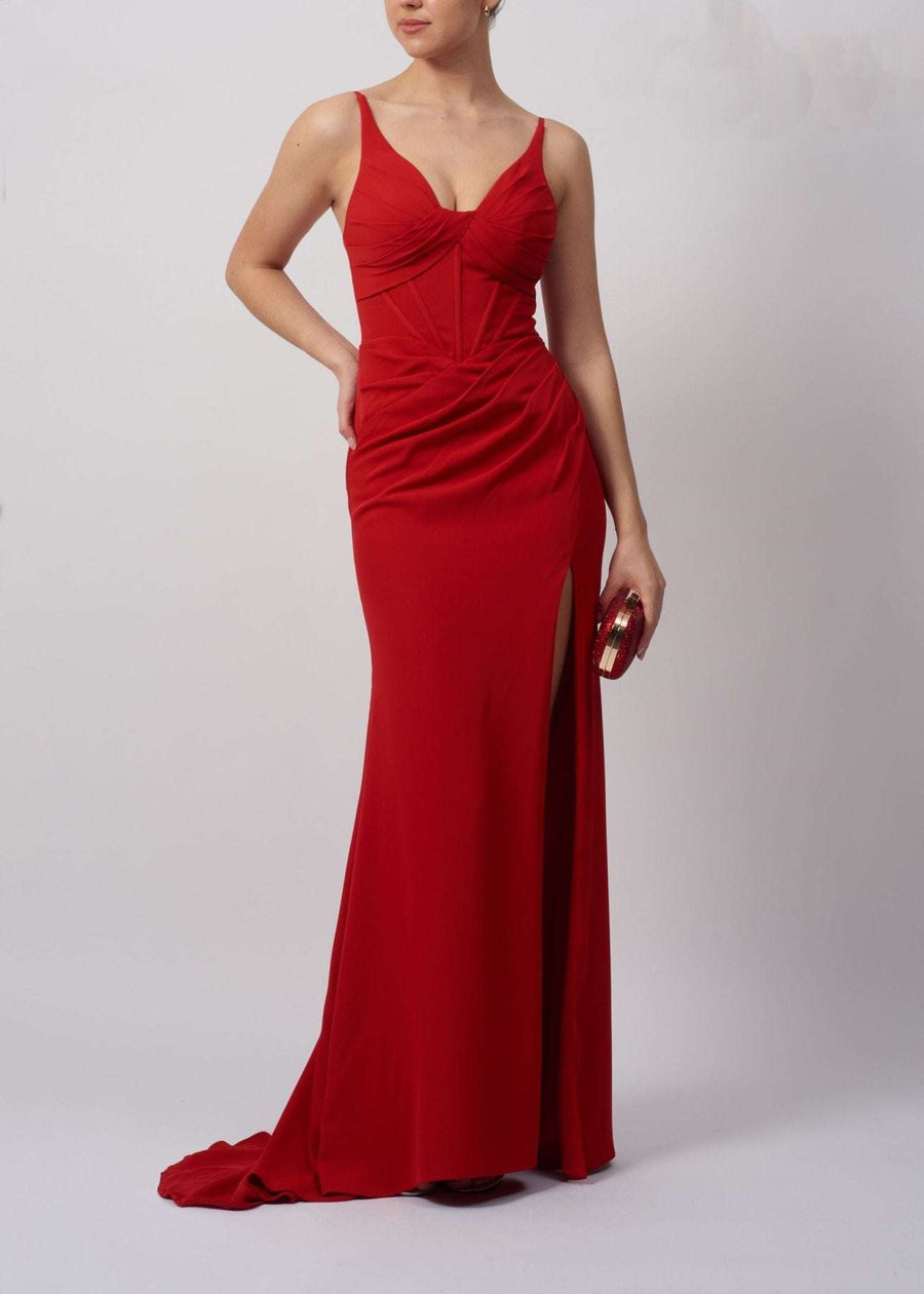 Red Satin Fitted Prom Dress Mascara MC16326 with spaghetti straps, sweetheart neckline, and thigh-high slit, ideal for formal events or prom nights.