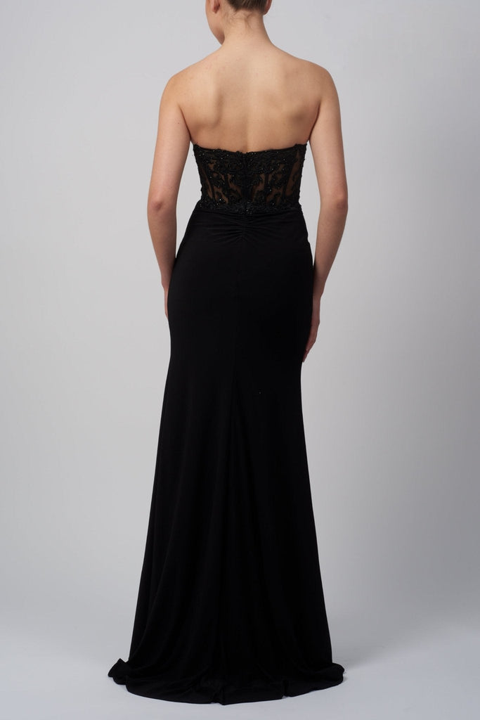 back view of black strapless corset long evening dress