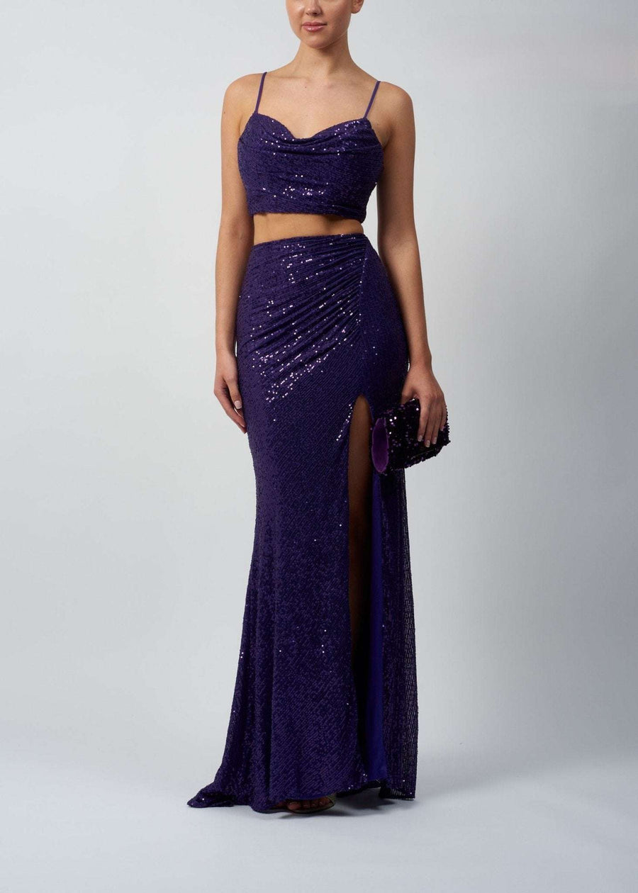 Mascara Twin Set - Purple Sequin Mascara Set featuring a fitted crop top and high-slit maxi skirt, perfect for prom or red carpet events.