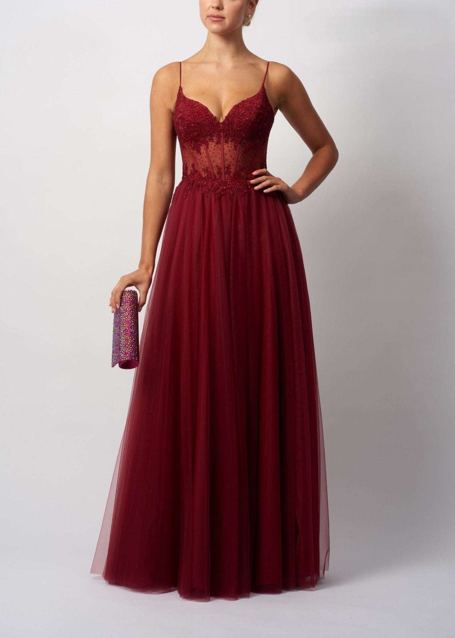 Mascara London MC18441 wine tulle ballgown with embellished corset bodice and spaghetti straps, perfect for 2025 prom style events.