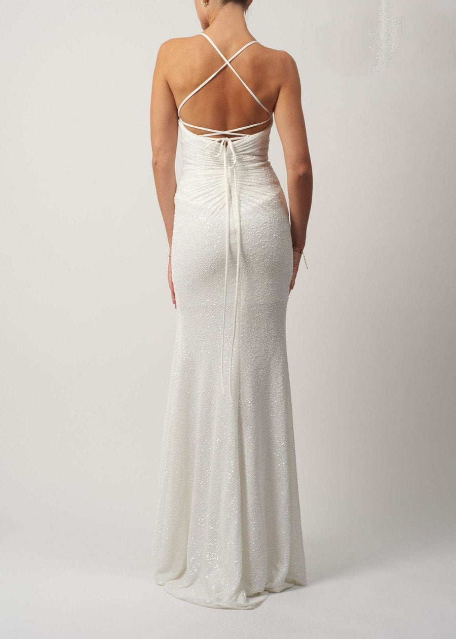 back view of model in sequinned dres