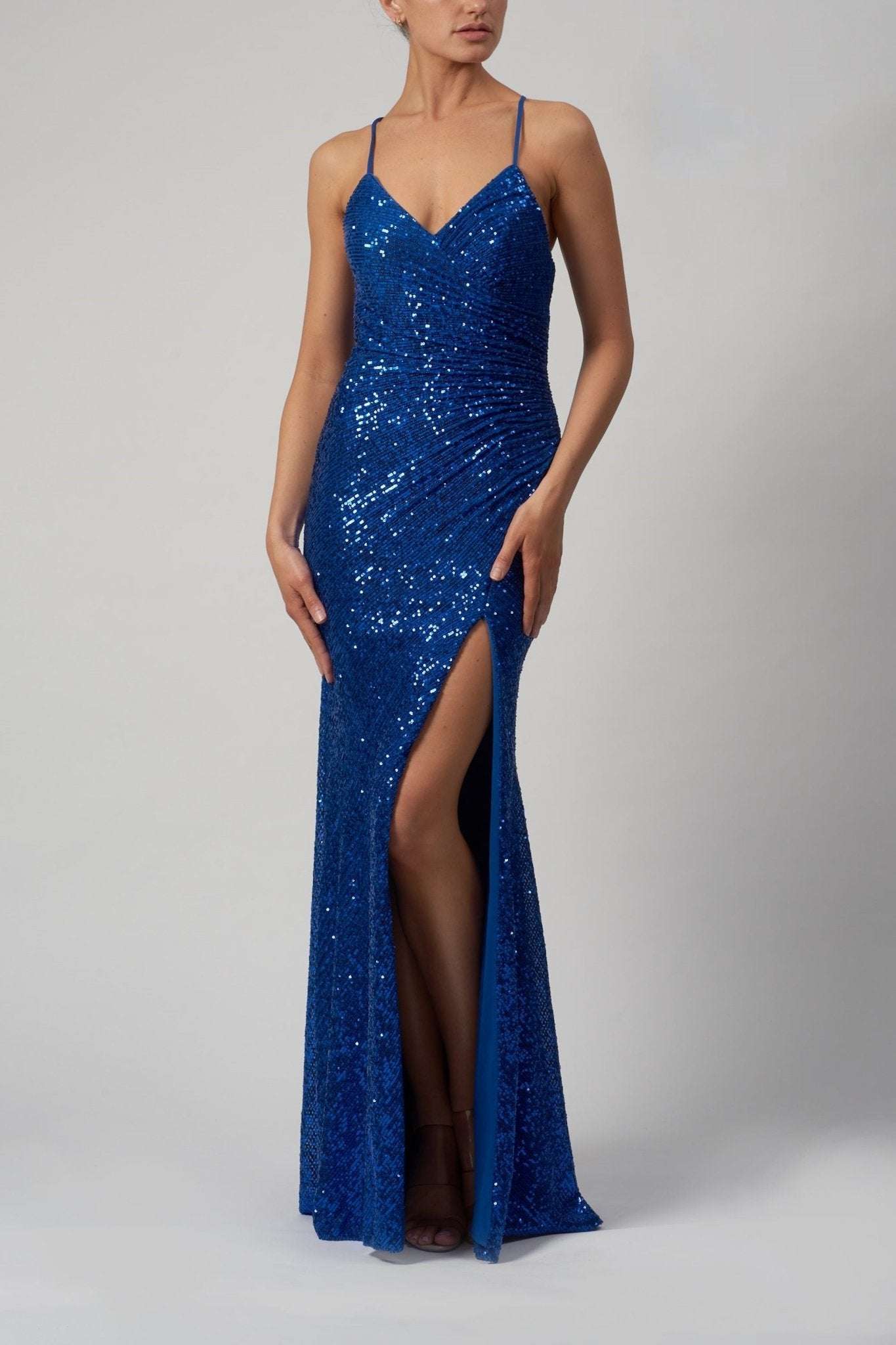 Sequin Long Dress - Royal Blue | High Leg Split & Waist Gather Sequin Long Dress - Royal Blue | High Leg Split & Waist Gather