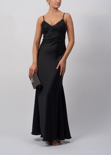 Black Satin Slip Embellished Long Gown MC192046 