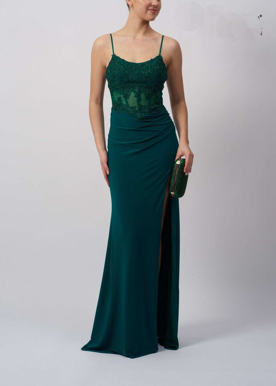 Forest Green Mascara MC193212 Jersey Corset Dress with lace bodice, pleated waist, and thigh-high slit. Elegant prom or evening gown for 2024.