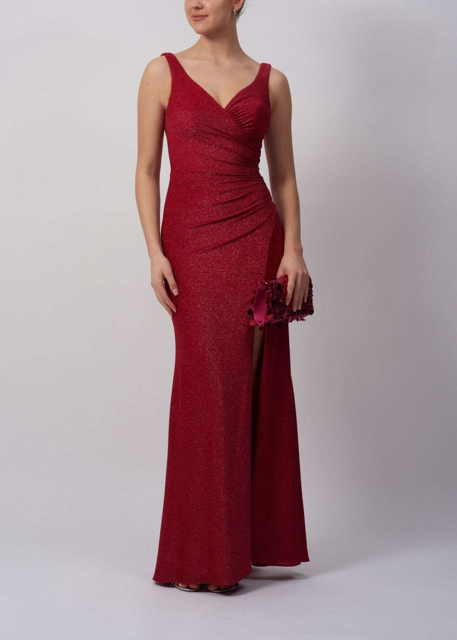 Berry V-Neck Dress - Mascara Jersey Dress in a fitted silhouette with ruched bodice and thigh-high slit, ideal for formal events and prom nights.