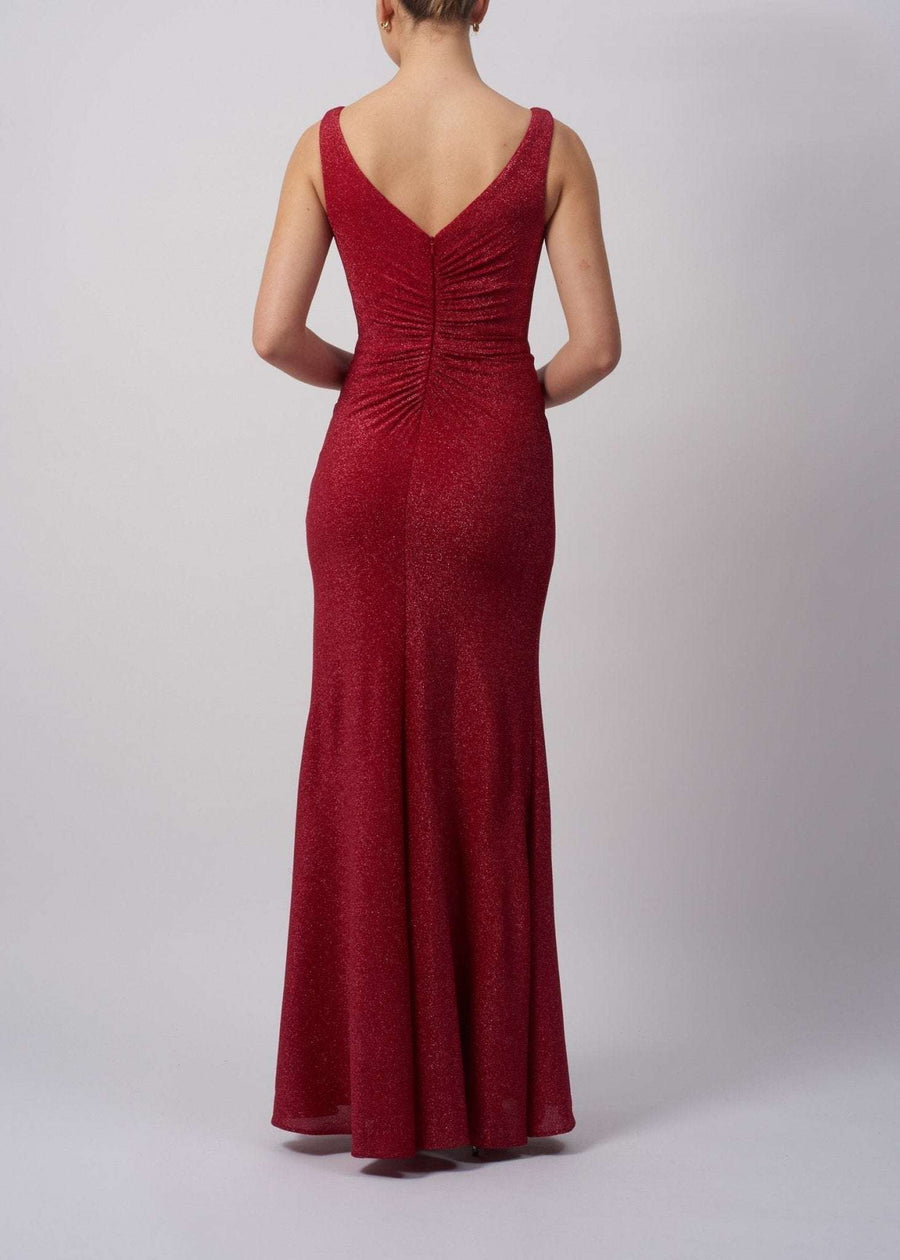 Back view of Mascara MC19412 Steele Blue Fitted V-Neck Jersey Dress in shimmering fabric, ideal for summer weddings and formal evening events.