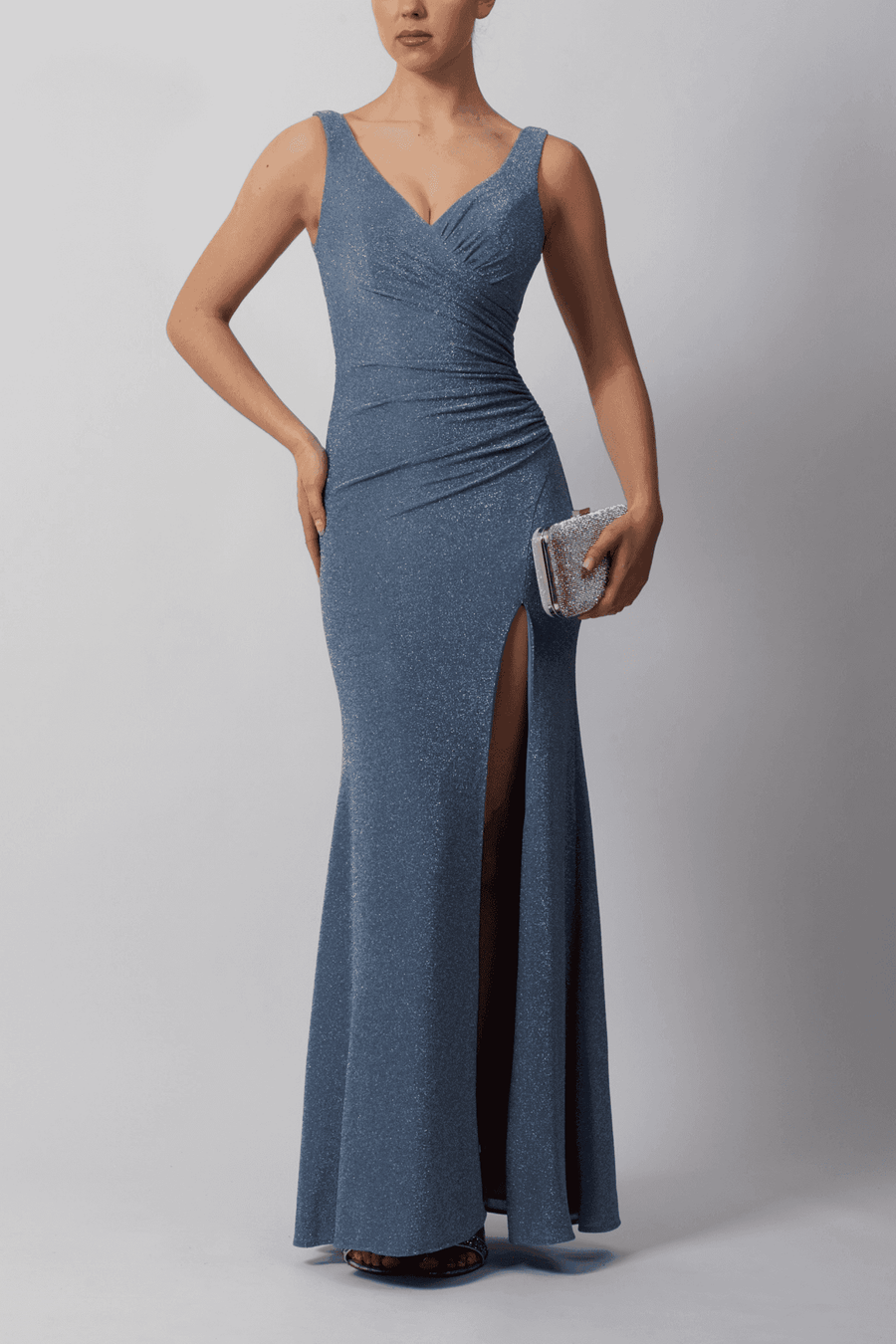MC19412 Steele Blue Dress - V-Neck Jersey | Wedding Events MC19412 Steele Blue Dress - V-Neck Jersey | Wedding Events
