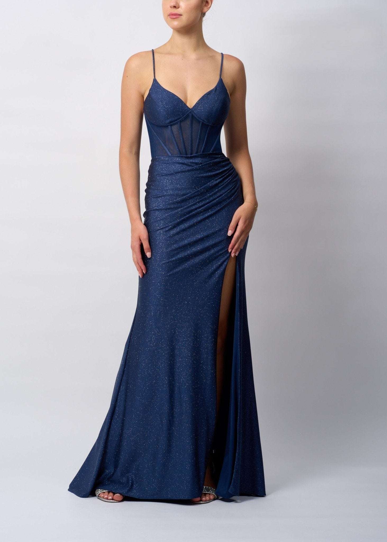 MC19427 Fitted Prom Dress Blue Tie Back Airforce Style