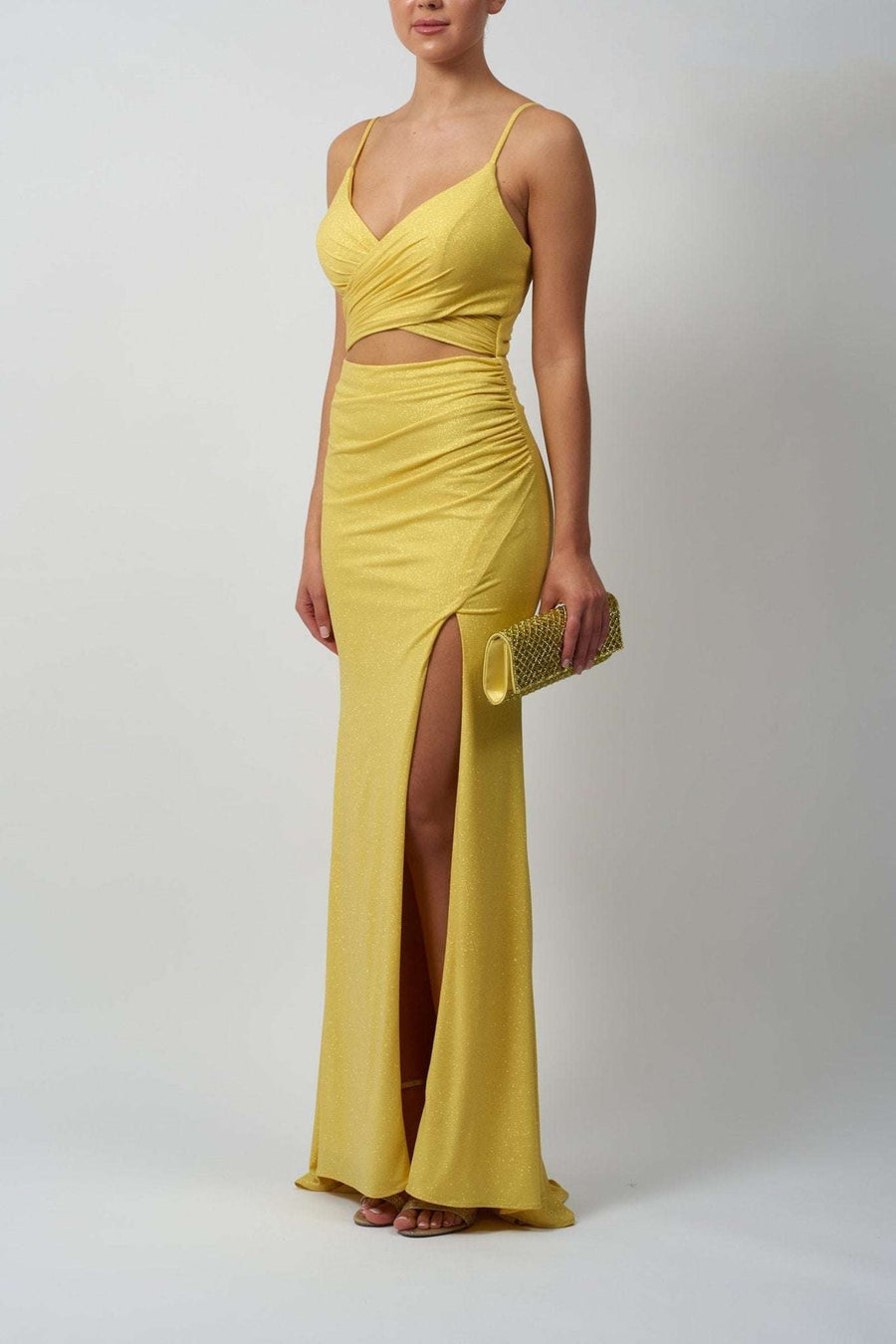 Yellow Clutch Bag - Party Accessory CB6222 held with a yellow evening gown. Stylish textured design perfect for formal events and special occasions.