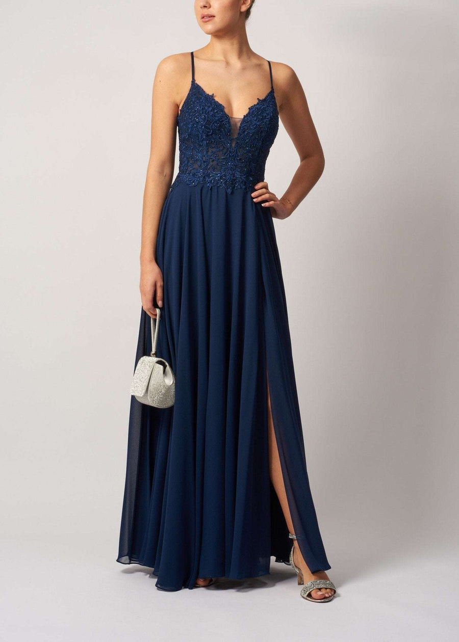 Mascara MC29333 Navy Tie Back Chiffon Bridesmaid Dress with lace bodice, deep V-neckline, and front slit, ideal for formal occasions.