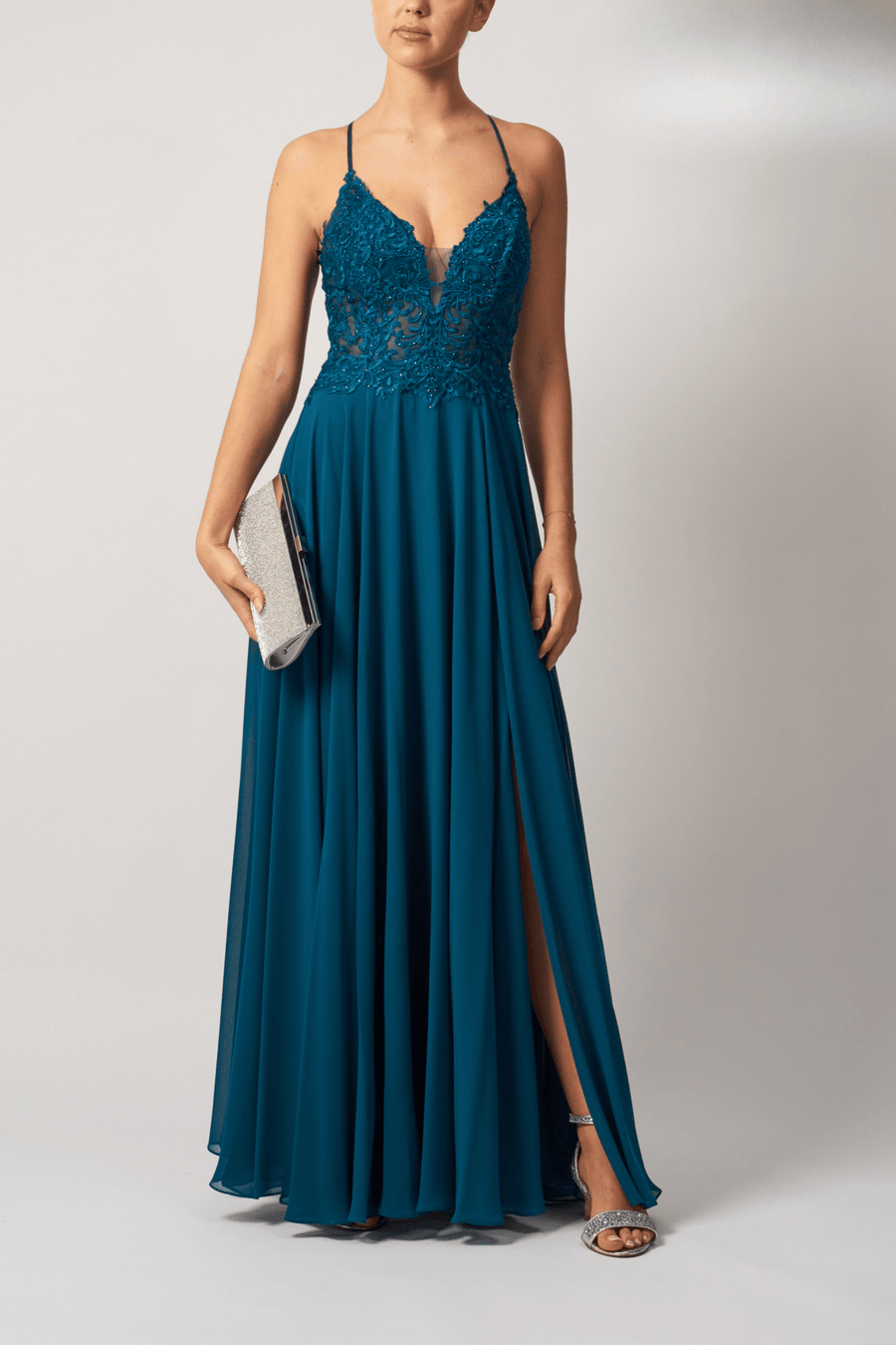 Mascara MC29333 Petrol Tie Back Chiffon Bridesmaid Dress with lace bodice, deep V-neckline, and flowing skirt with slit, ideal for formal events.