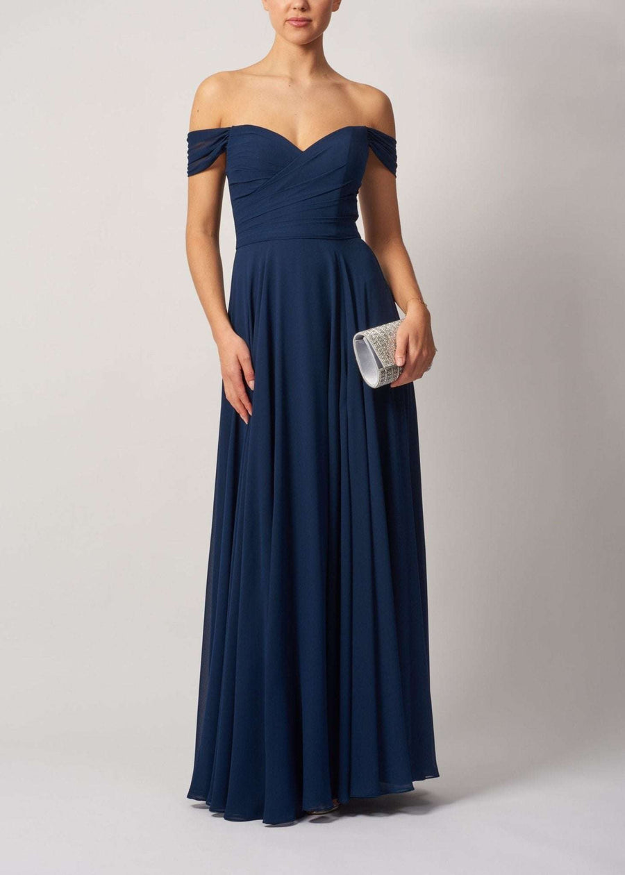 Navy MC29338 Chiffon Dress with pleated front and off-shoulder design, ideal for prom or bridesmaid wear in plus sizes and curve-friendly fit.