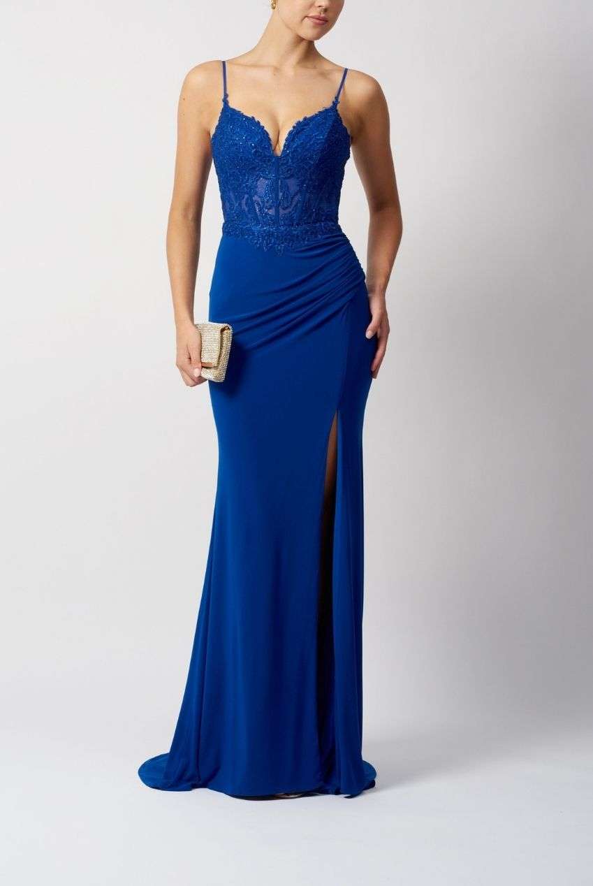 Mascara MC18328 royal blue prom dress with lace bodice, thigh-high slit, and fitted jersey skirt. Elegant evening gown for formal occasions.
