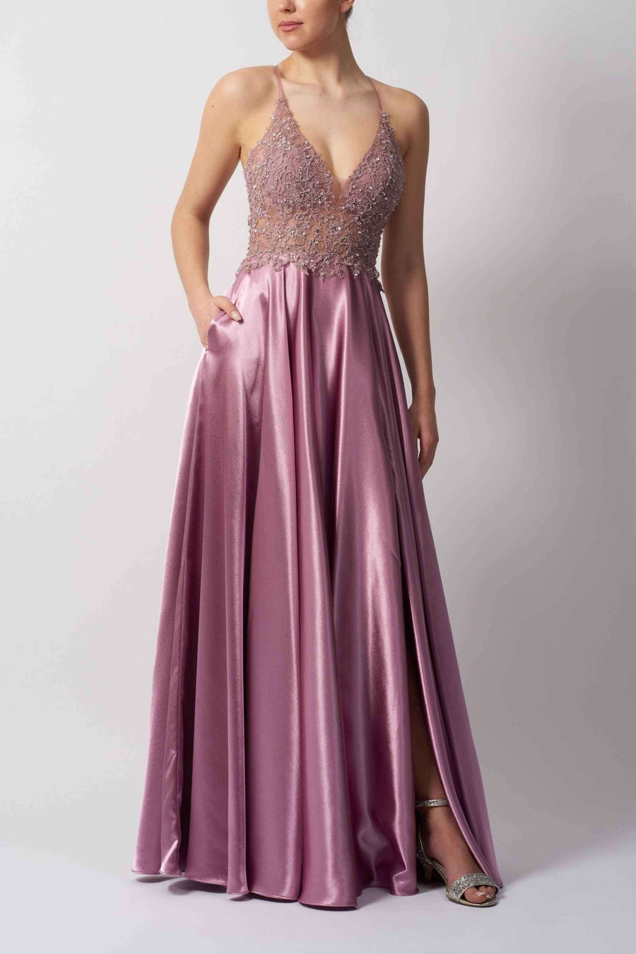 MC124436 Ocean Dress - Mascara Strap Back in shimmering mauve with beaded bodice and flowing satin skirt, ideal for prom or bridesmaid wear.