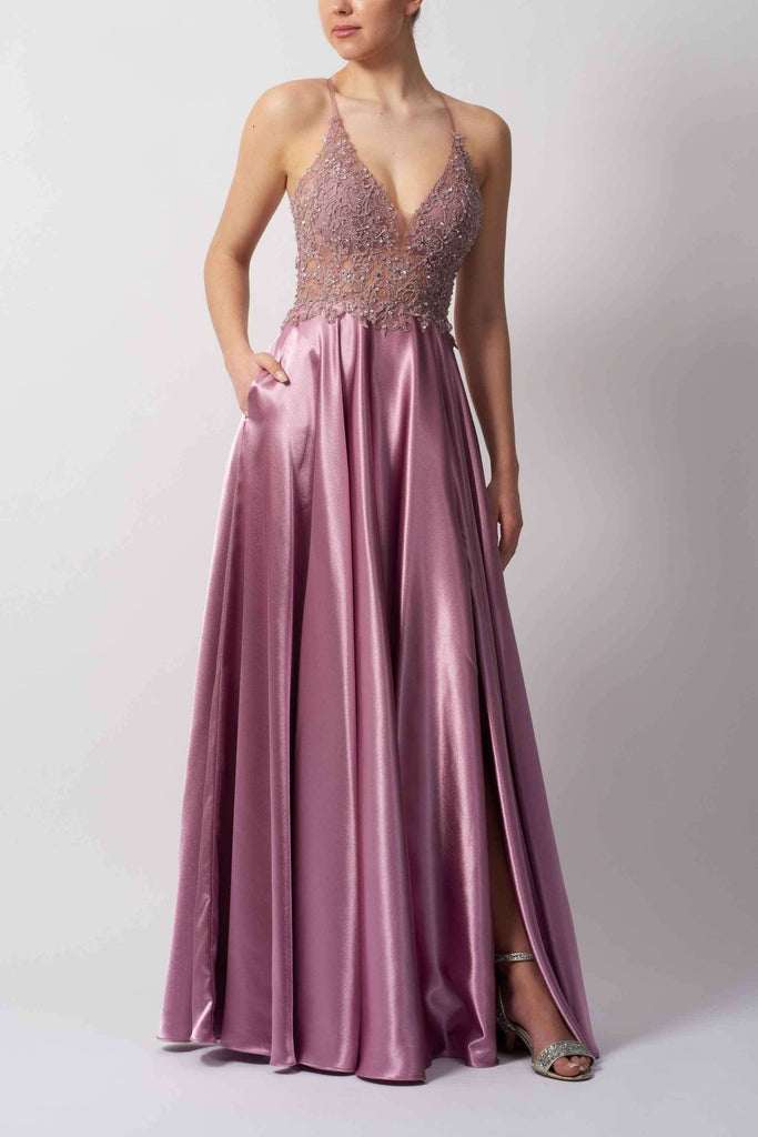 Mascara Amethyst Dress MC124436 featuring a beaded embroidered bodice and satin A-line skirt, ideal for prom or bridesmaid occasions.