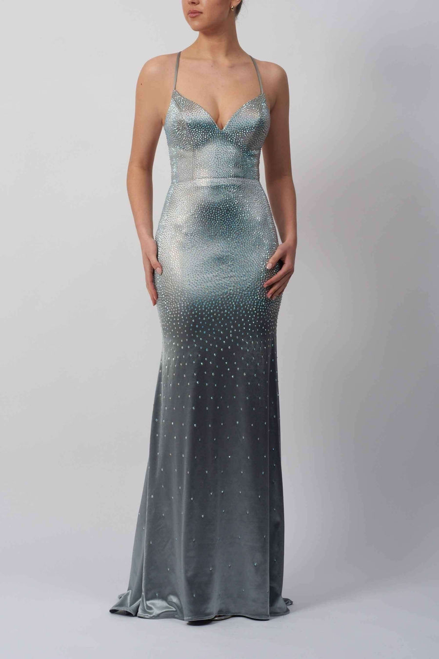 Mascara Evening Dress - Satin Backless Sage features a fitted silhouette with shimmering embellishments, ideal for proms, weddings, or black-tie events.