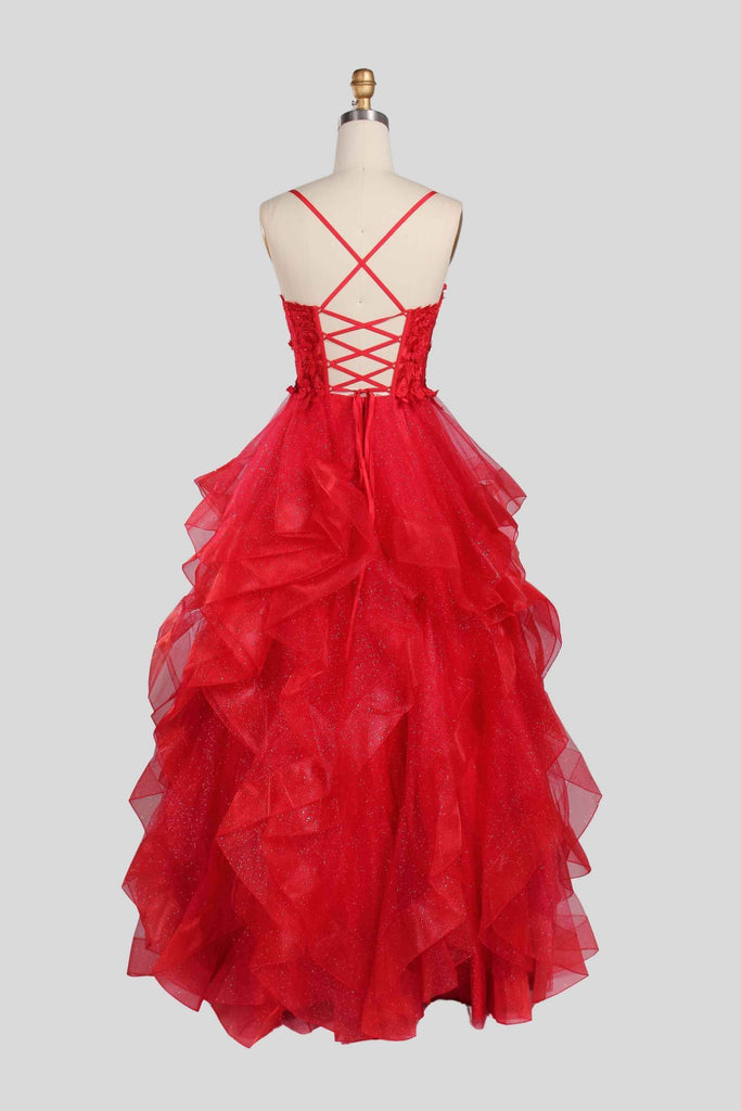 Back view of Jessica Stuart 3D floral red ball gown featuring criss-cross lace-up design and layered glitter tulle skirt for a dramatic prom look.