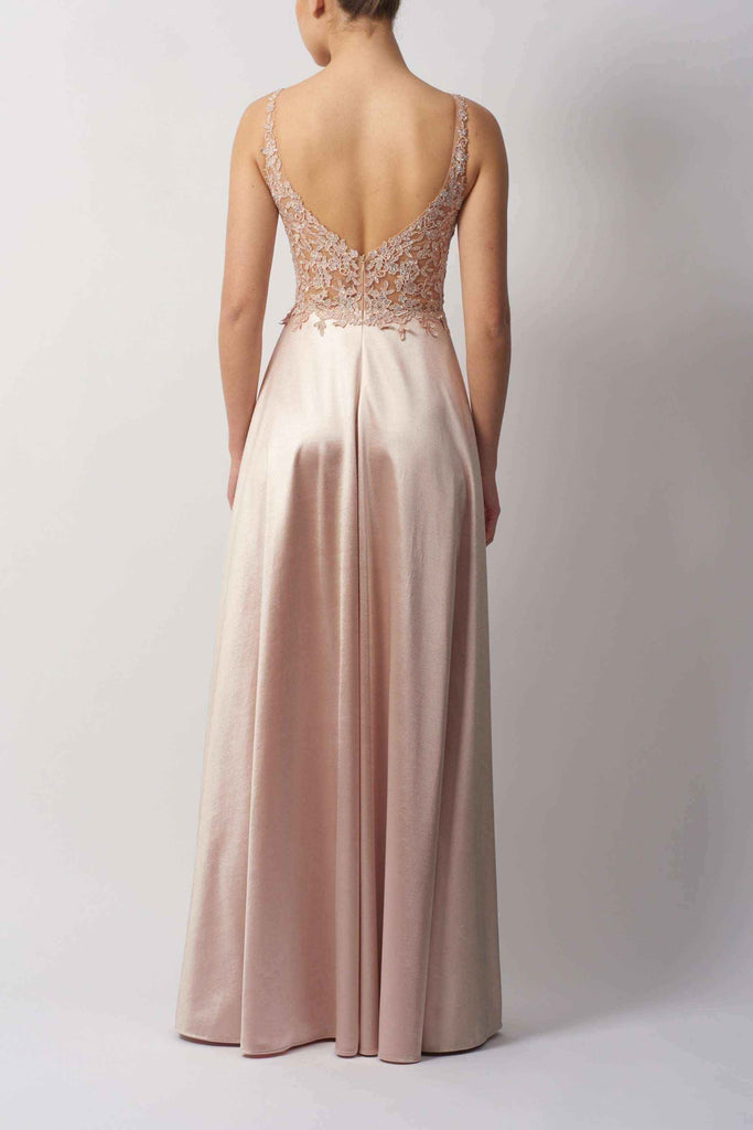 Back view of London MC124412 satin bridesmaid dress featuring a V-back and lace bodice. Silhouette fit with flowing satin skirt for elegant occasions.