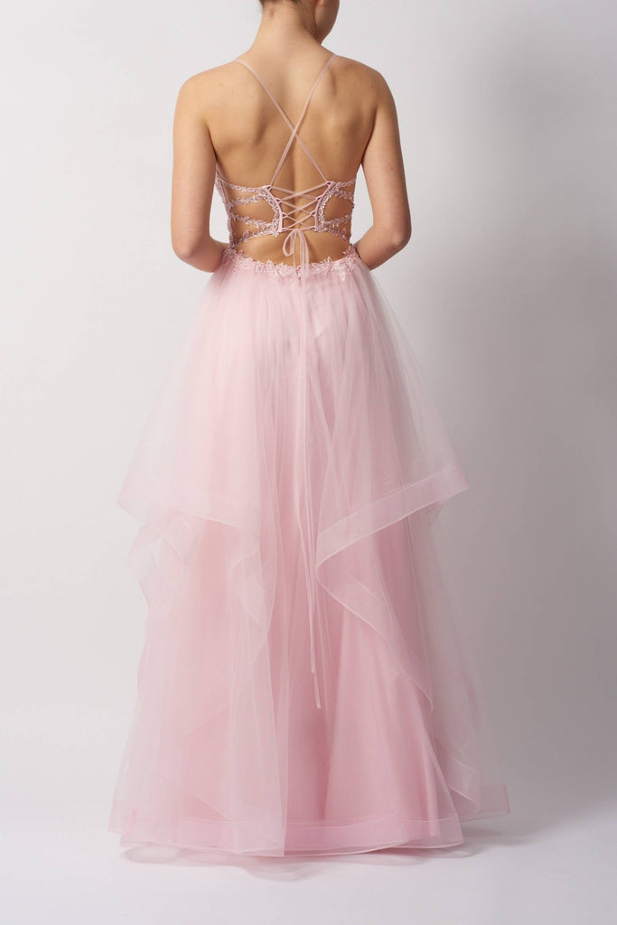 Back view of Mascara MC11519 prom dress featuring criss-cross tie-back and flowing layered tulle skirt for a custom elegant fit.
