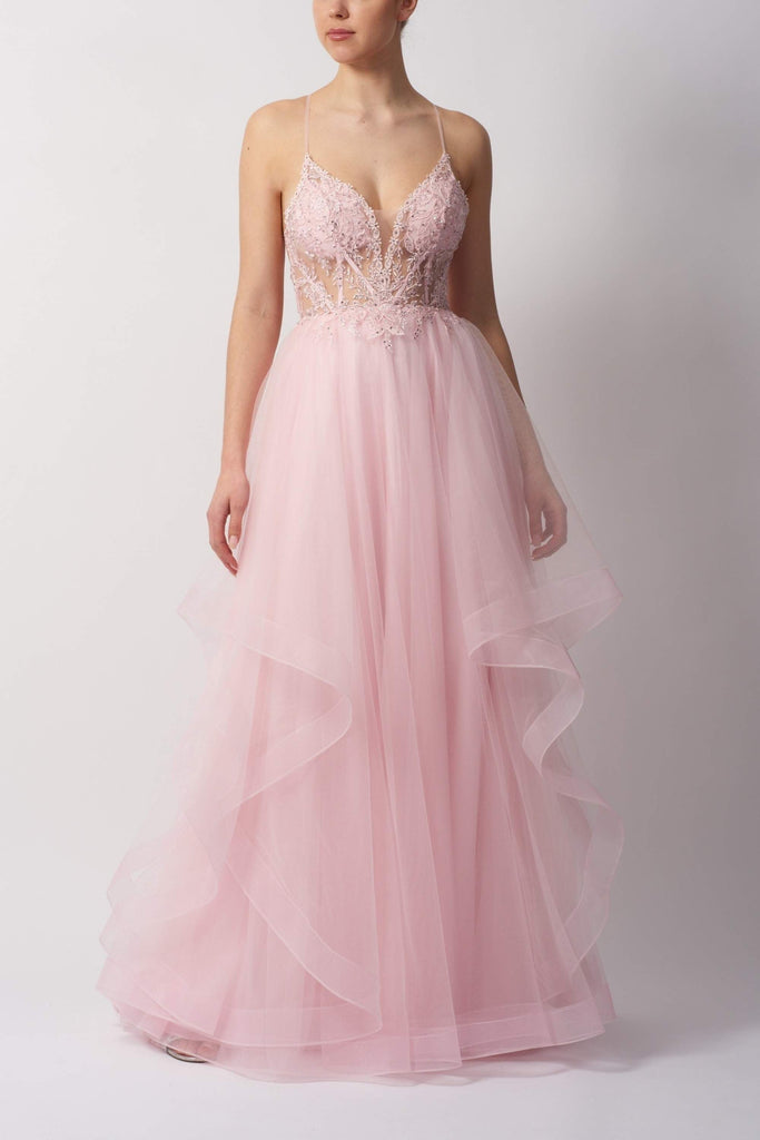 Mascara MC11519 prom dress in with lace bodice, layered tulle skirt, and tie-back design. Ideal for prom or formal occasions.