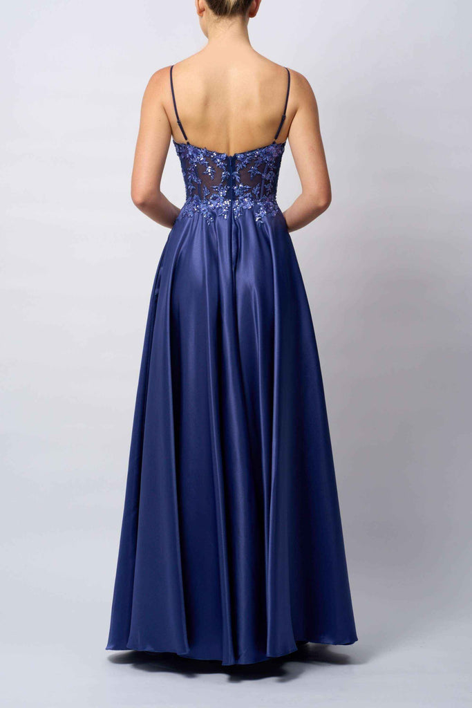 Back view of navy Beaded Satin Gown with delicate straps and embroidered bodice, showcasing timeless elegance for formal events.