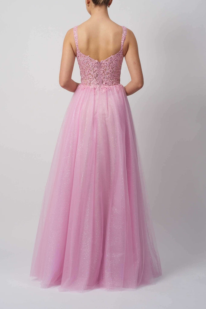 Back view of Mascara MC11347 Pink Prom Gown featuring zip closure and shimmering tulle overlay for elegant evening wear.