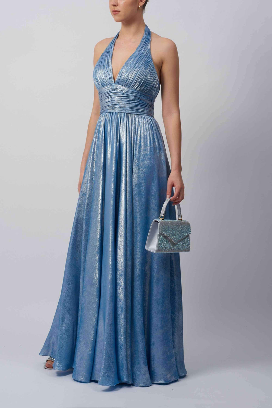Chiffon Halter Gown by Mascara MC113414 in shimmering blue with ruched waistband and flowing silhouette, ideal for evening elegance and formal events.
