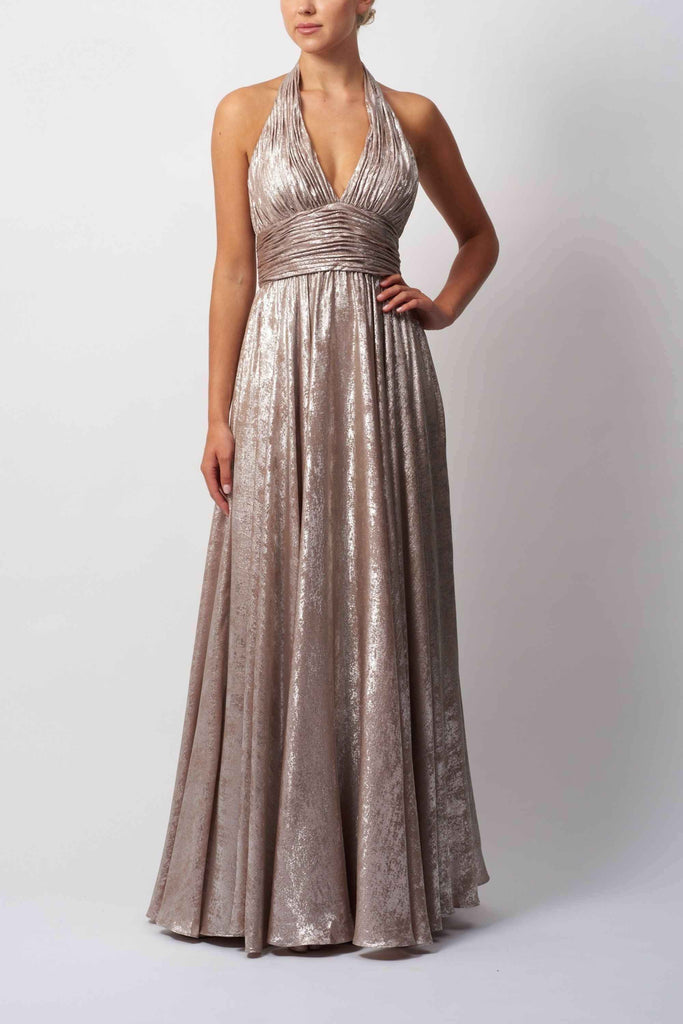 Chiffon Halter Gown by Mascara MC113414 in shimmering taupe with ruched waistband and flowing silhouette, ideal for evening elegance and formal events.