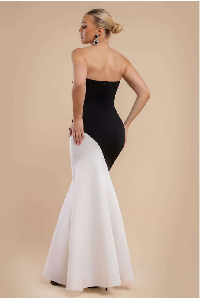 Goddiva Maxi Dress - Sleeveless Mermaid Hem in black and cream with a chic monochrome contrast, perfect for eveningwear or black tie events.