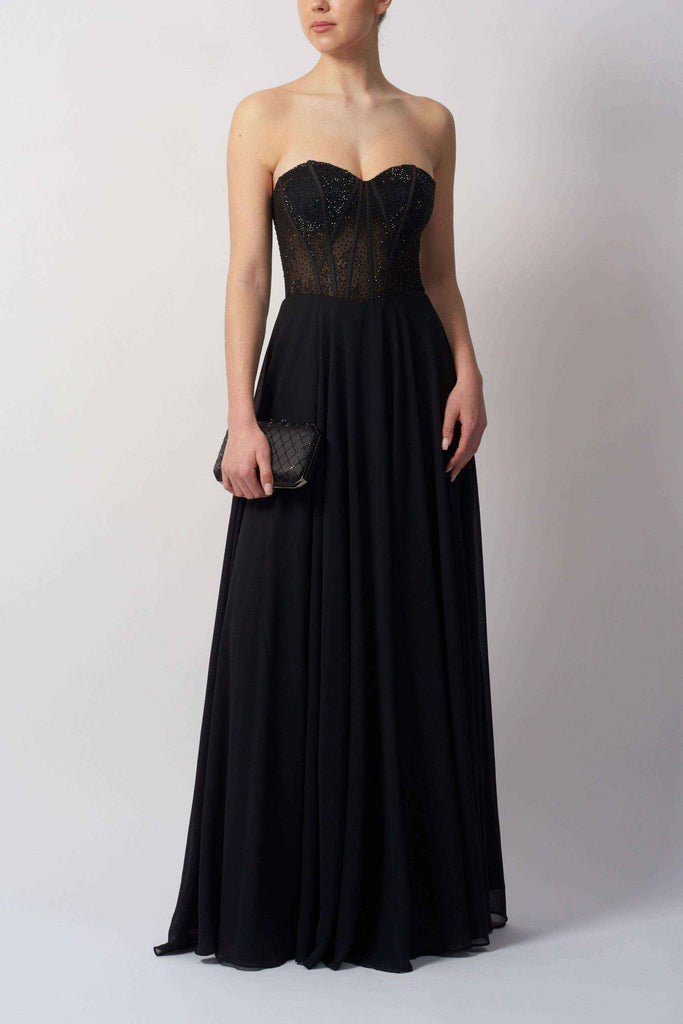 Black corset lace chiffon dress with sweetheart neckline and flowing skirt, ideal for evening gala or black-tie events.