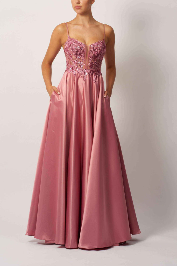 Beaded Satin Gown in blush pink with floral bodice and A-line silhouette, ideal for prom or formal events by Mascara London.