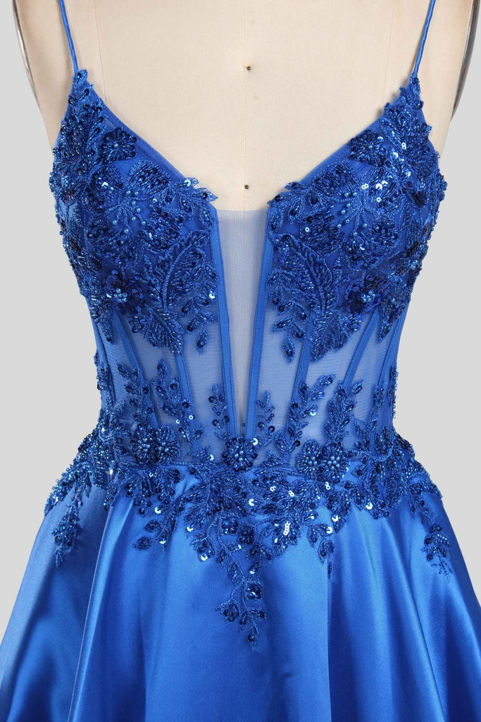 Lace Bodice Satin Evening Gown – Portia Collection in royal blue with sequin floral embroidery, deep V-neckline, and spaghetti straps.