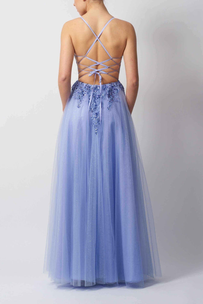 Backless Glitter Prom Dress - Mascara London MC114415 in lavender with lace-up back and sequin embellishments, ideal for prom or formal events.
